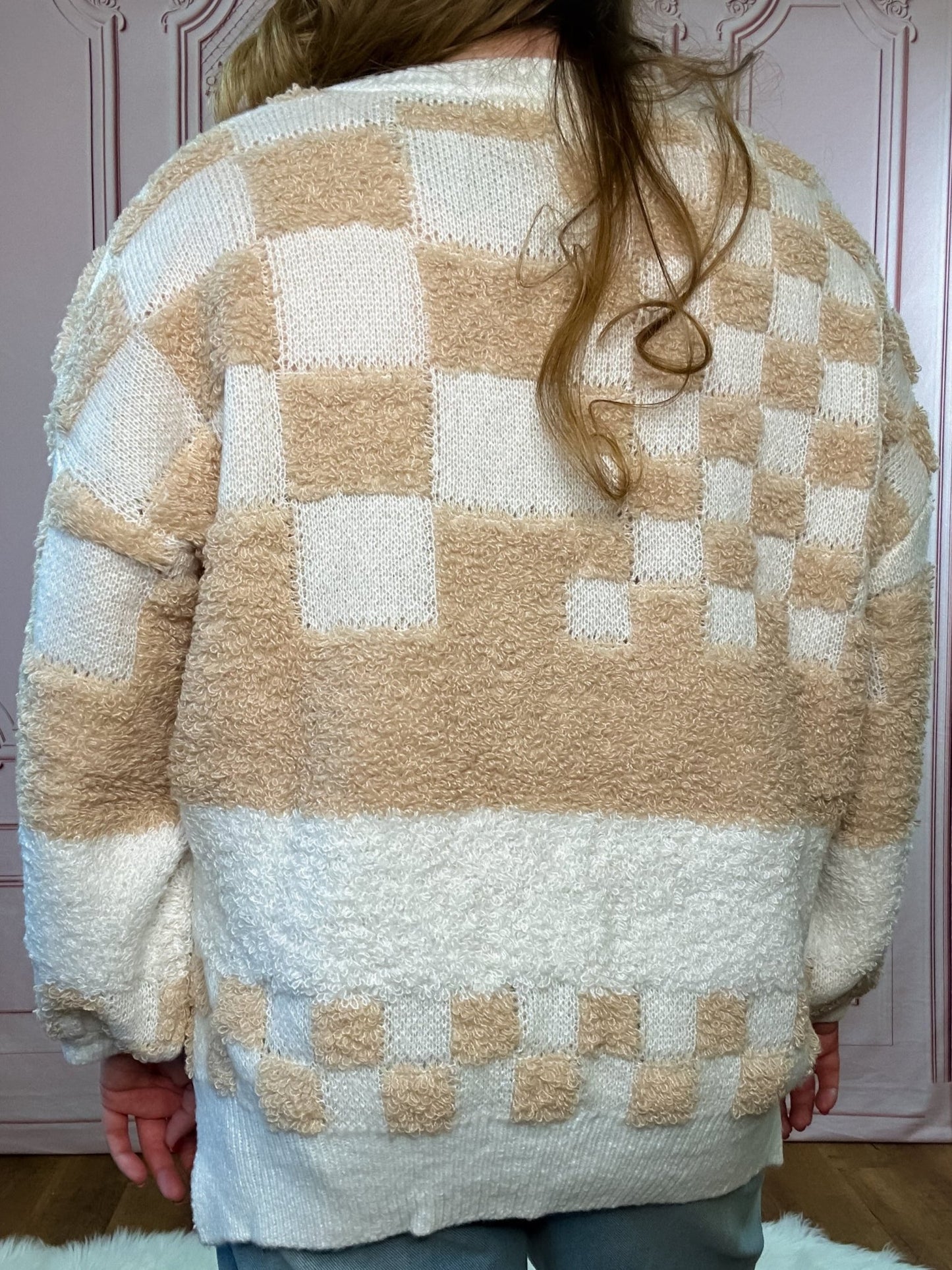 Checkered V Neck Oversized Sweater - Pink Poplar Boutique