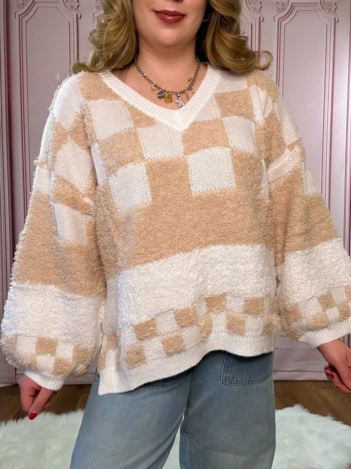 Checkered V Neck Oversized Sweater - Pink Poplar Boutique