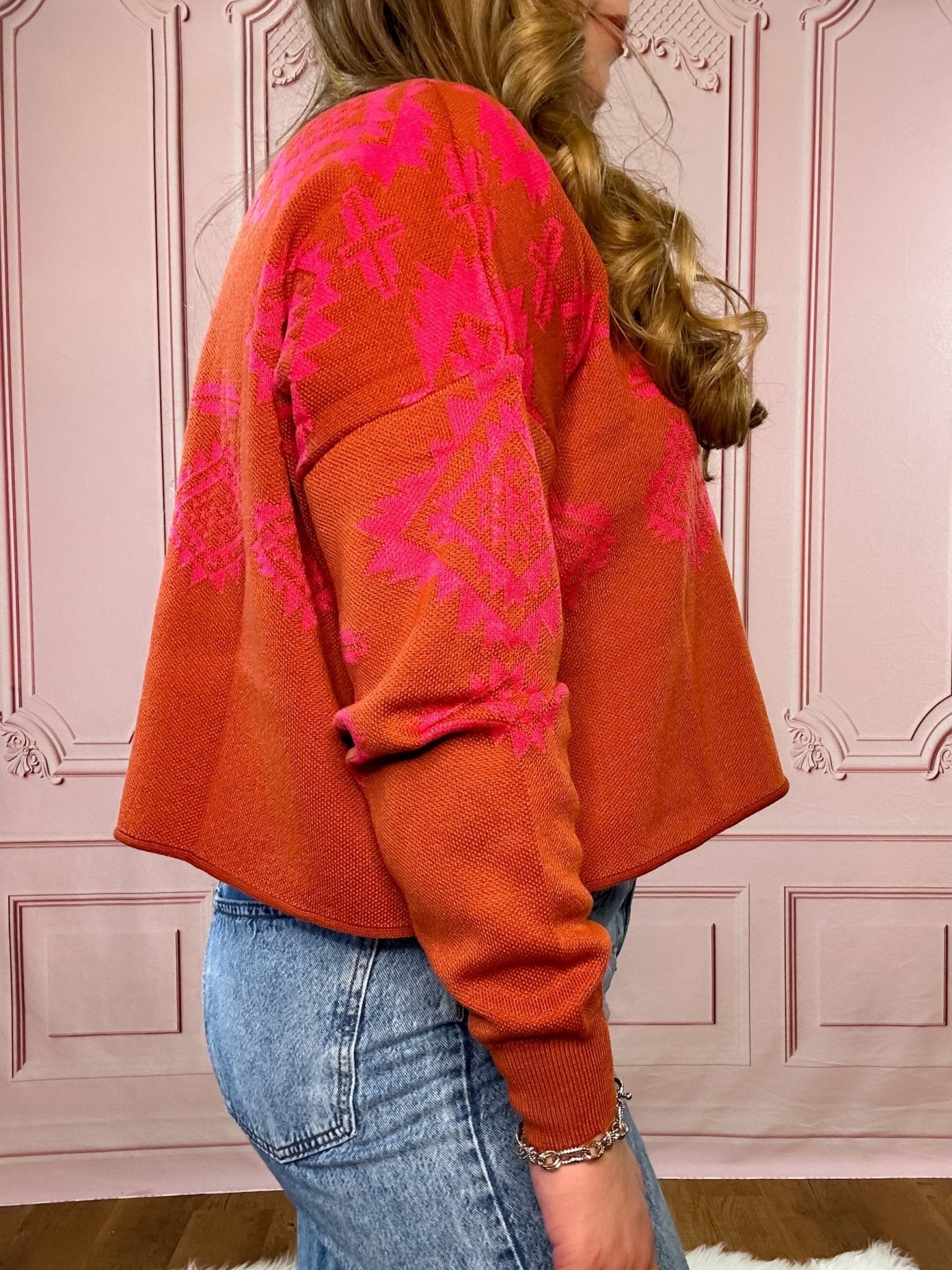 Oversized Pink Aztec Sweater - Pink Poplar Boutique